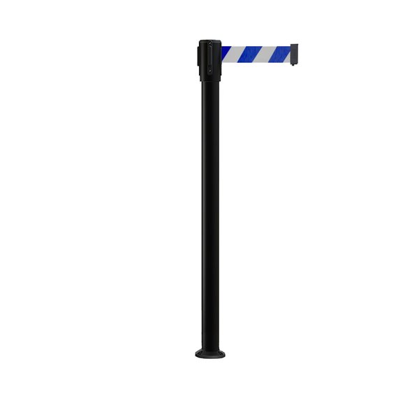 Montour Line Retractable Belt Fixed Stanchion, 2ft Black Post  7.5ft Blu/Wh Belt MX530F-BK-BWD-75